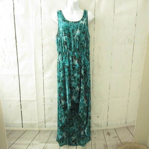 New Ambar Dress M Medium Green Black Floral Tropical Hi Low Hem Sleeveless - Picture 1 of 7